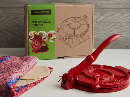 Tortilla Press Kit - Red Cast Iron with Servilleta