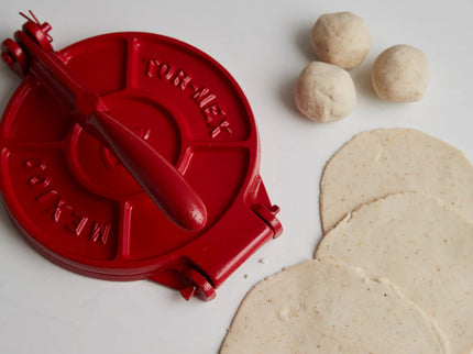 Tortilla Press Kit - Red Cast Iron with Servilleta