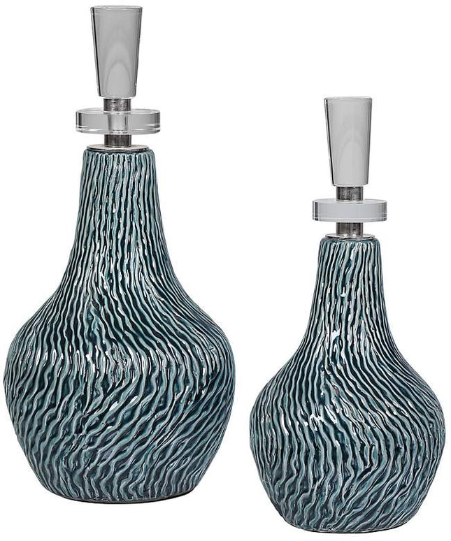 Almera Distressed Dark Teal Glaze Ceramic Bottles Set of 2