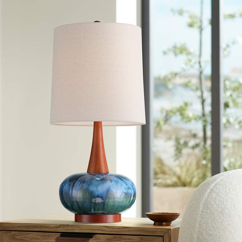 Andi 25" Modern Wood and Blue Ceramic Table Lamp