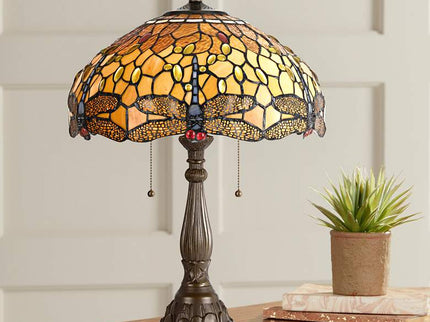 Cal Lighting Dragonfly 23" Brass Amber Tiffany-Style Table Lamp