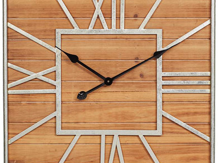 Caser Silver Metal and Brown Wood 23 1/2" Square Wall Clock