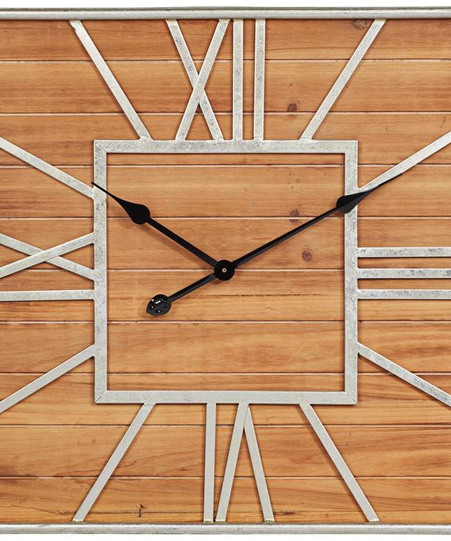Caser Silver Metal and Brown Wood 23 1/2" Square Wall Clock