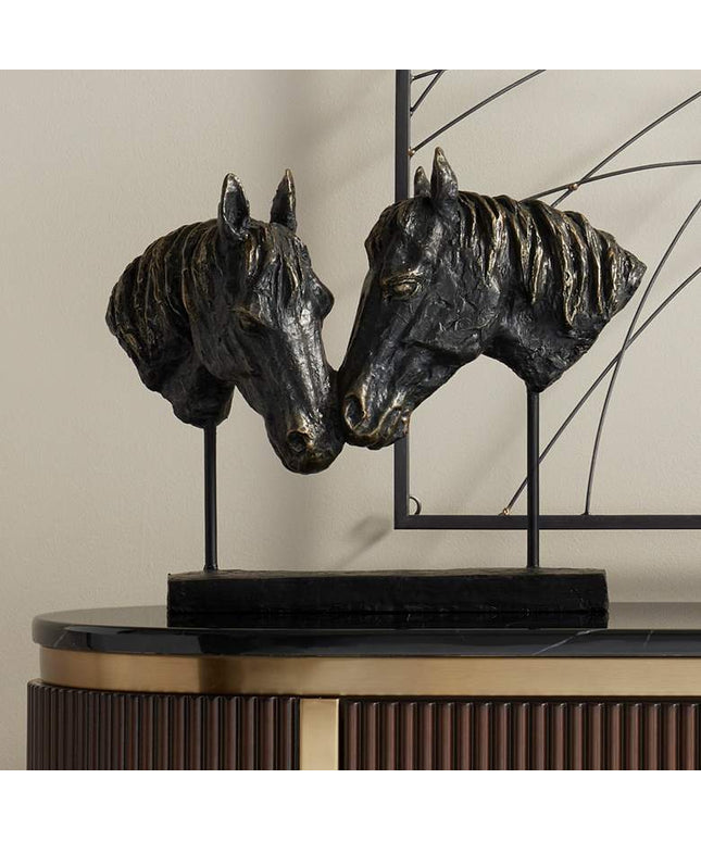 Double Horse Bust 14 1/2" Wide Rough Bronze Statue
