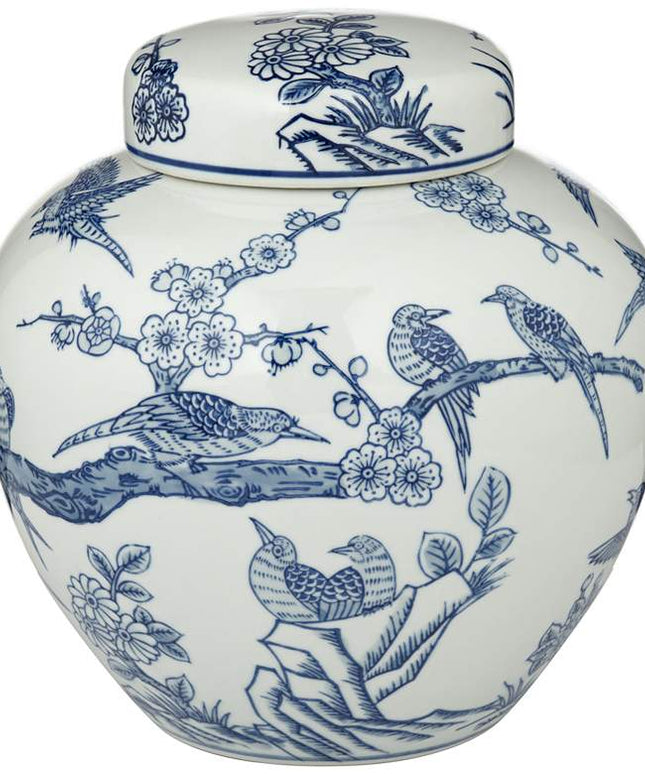 Heather 9 1/2" High Blue and White Ceramic Decorative Jar with Lid