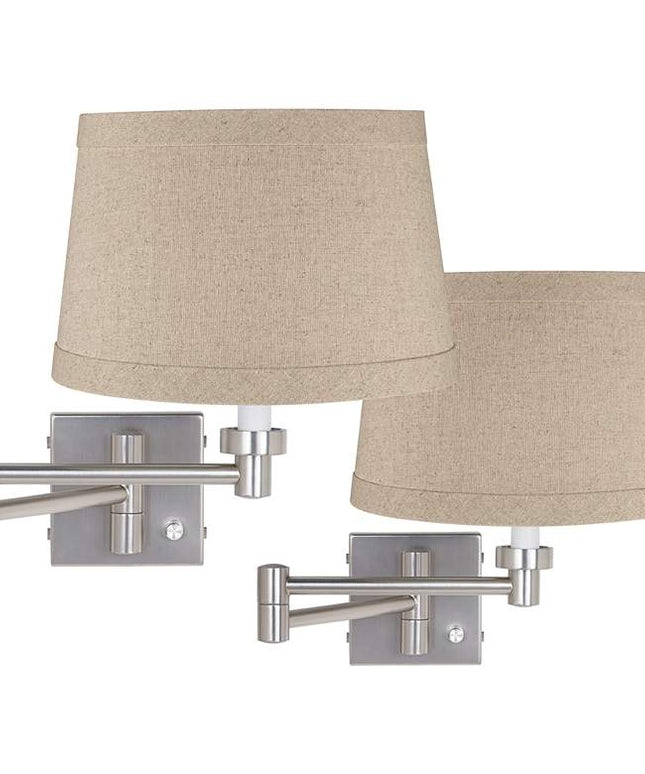 Possini Euro Brushed Nickel Linen Drum Shade Swing Arm Wall Lamp Set of 2