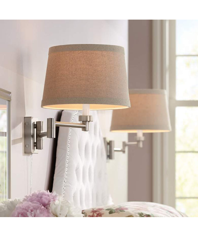Possini Euro Brushed Nickel Linen Drum Shade Swing Arm Wall Lamp Set of 2