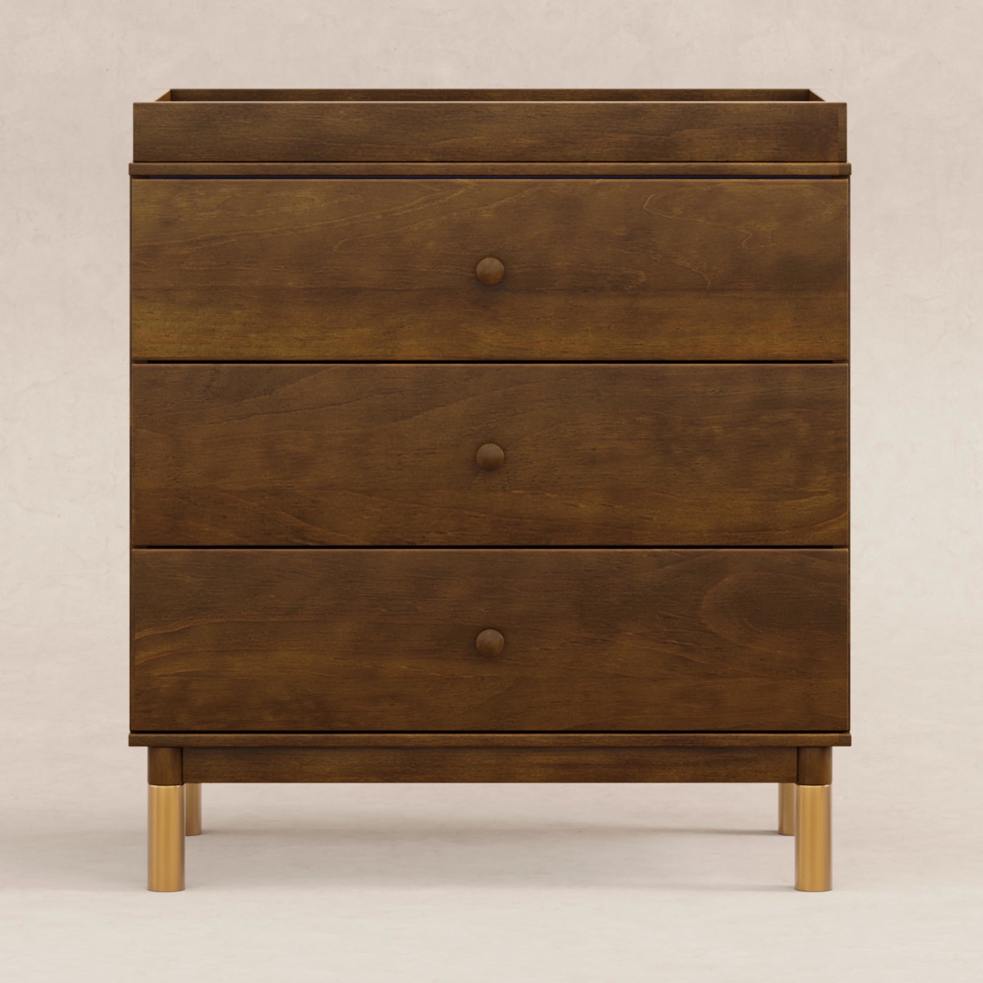 M12923NLGLD,Babyletto,Gelato 3-Drawer Changer Dresser Gold Feet w/Removable Changing Tray in Natural Walnut