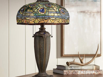 Quoizel Lynch 26" Tiffany-Style Peacock Glass Table Lamp