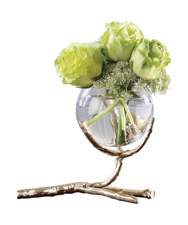 Twig 8" Wide Cast Brass and Clear Glass Bud Vase