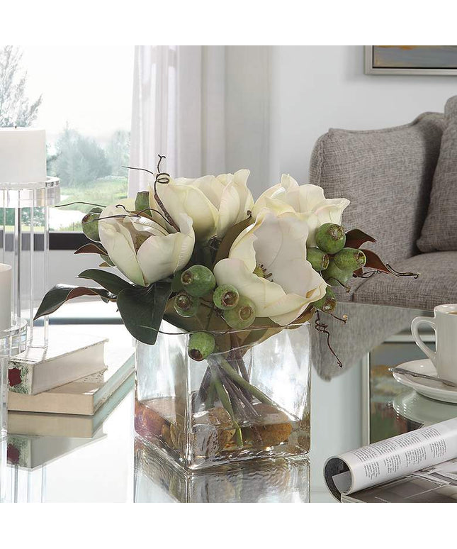 Uttermost Dobbins Magnolia 16" Wide Faux Flowers in Glass Vase