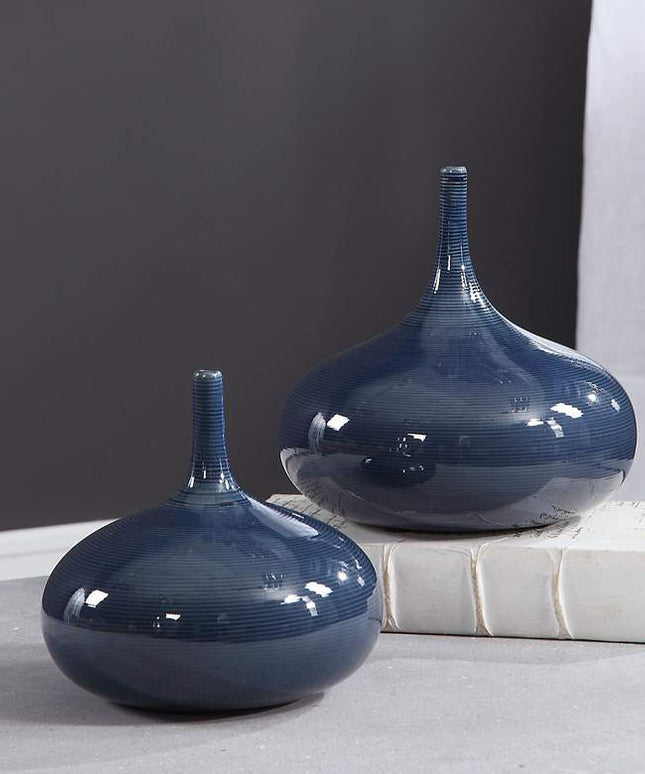 Uttermost Zayan 9" Wide Blue Ceramic Vases Set of 2