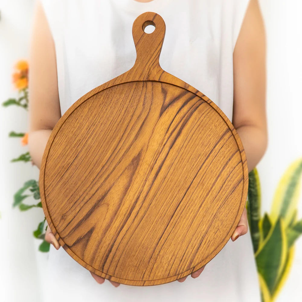 12 Inch Teak Wood Pizza Board with Handle & Rim