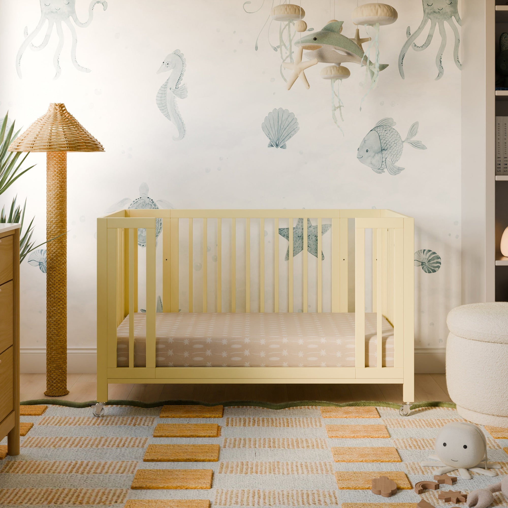 M30880PY,Babyletto,Rolli 9-in-1 Convertible All-Stages® Crib w/ Bassinet & Toddler Bed Kits in Pale Yellow