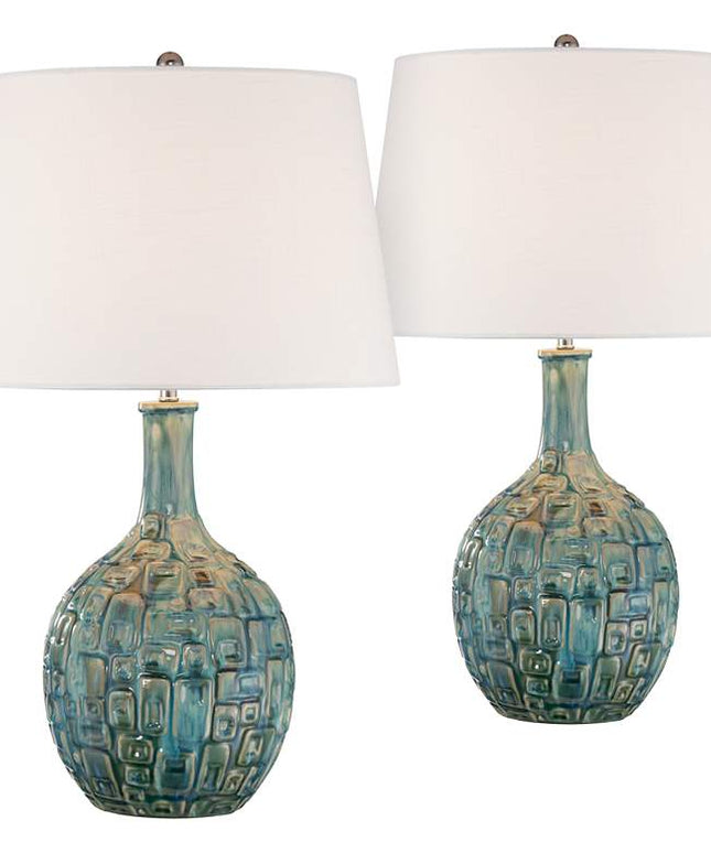 360 Lighting 26" Mid-Century Teal Ceramic Gourd Table Lamps Set of 2