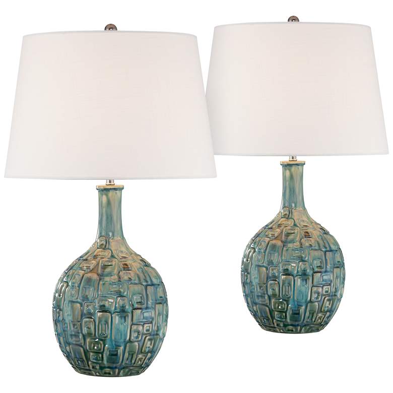 360 Lighting 26" Mid-Century Teal Ceramic Gourd Table Lamps Set of 2