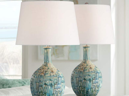 360 Lighting 26" Mid-Century Teal Ceramic Gourd Table Lamps Set of 2