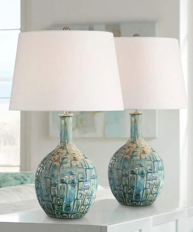 360 Lighting 26" Mid-Century Teal Ceramic Gourd Table Lamps Set of 2 360 Lightning
