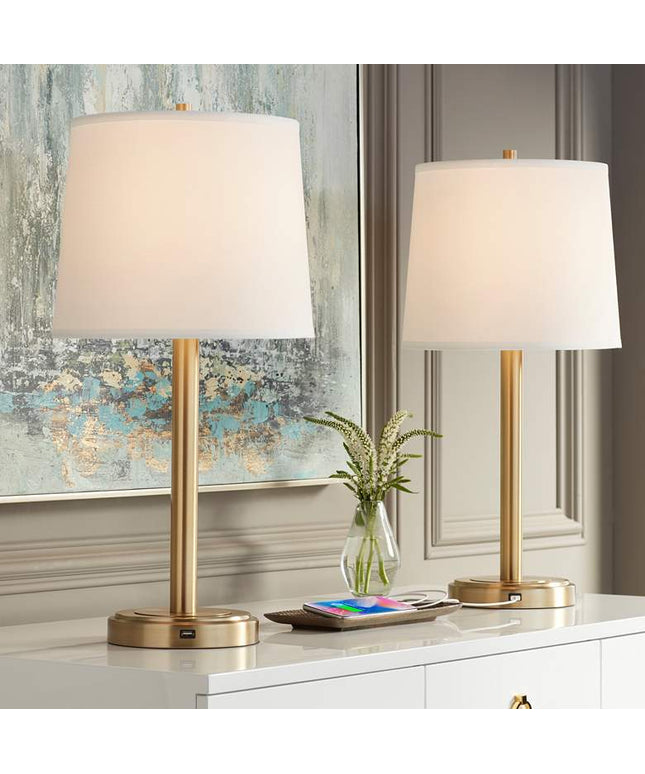 360 Lighting Camile 25" Brass Finish Metal USB Table Lamps Set of 2