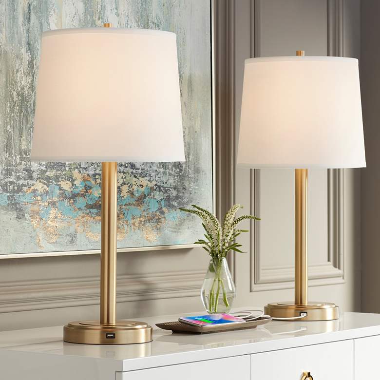 360 Lighting Camile 25" Brass Finish Metal USB Table Lamps Set of 2