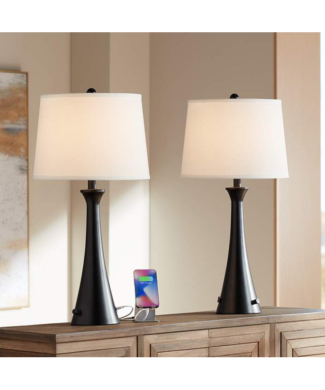 360 Lighting Karl 28 1/4" Black Finish Outlet-USB Table Lamps Set of 2