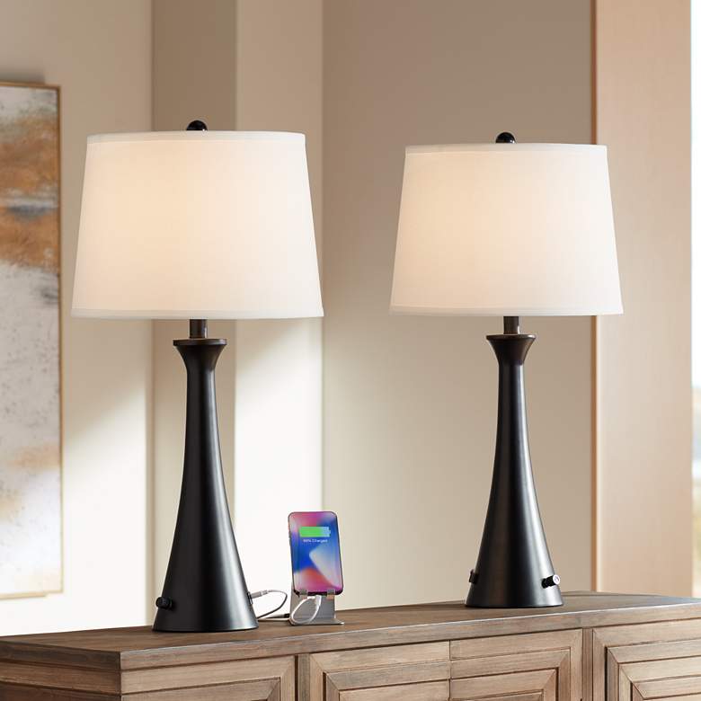 360 Lighting Karl 28 1/4" Black Finish Outlet-USB Table Lamps Set of 2