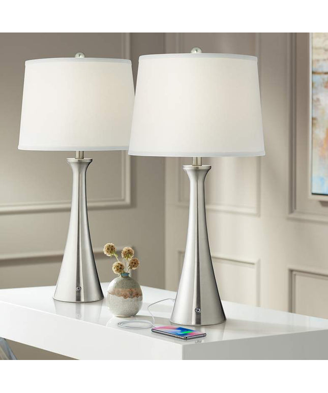 360 Lighting Karl Brushed Nickel USB Lamps Set of 2 with Full Range Dimmers