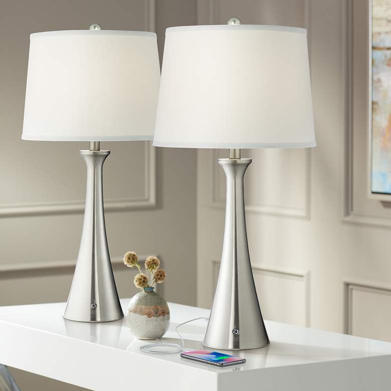 360 Lighting Karl Brushed Nickel USB Lamps Set of 2 with Full Range Dimmers
