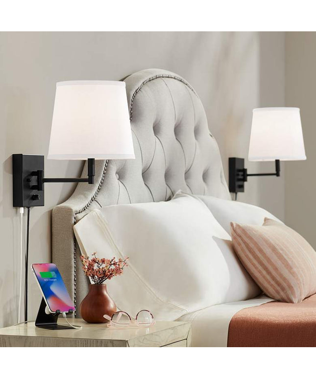 360 Lighting Lanett Black Plug-in Swing Arm USB Wall Lamps Set of 2