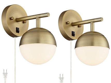 360 Lighting Luna Antique Brass Globe Plug-In Wall Lamps Set of 2