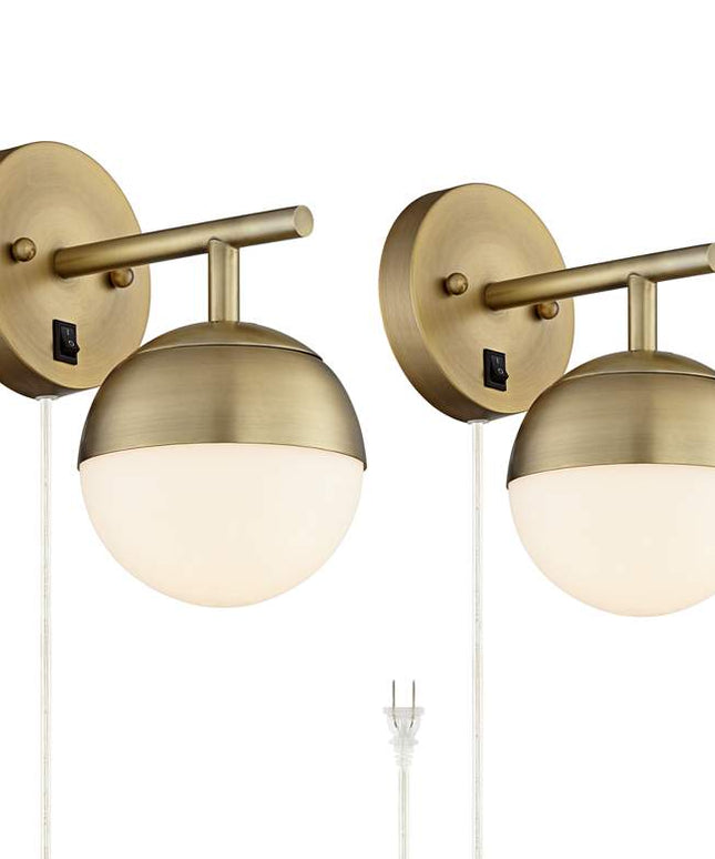 360 Lighting Luna Antique Brass Globe Plug-In Wall Lamps Set of 2