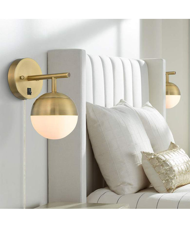 360 Lighting Luna Antique Brass Globe Plug-In Wall Lamps Set of 2