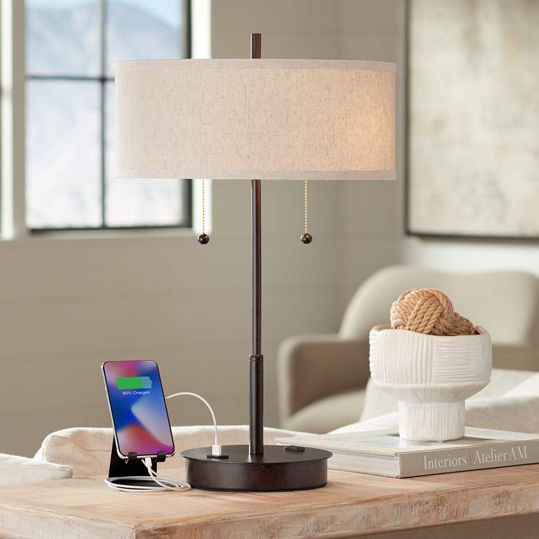 360 Lighting Nikola 23 1/2" Bronze Outlet and USB Ports Table Lamp