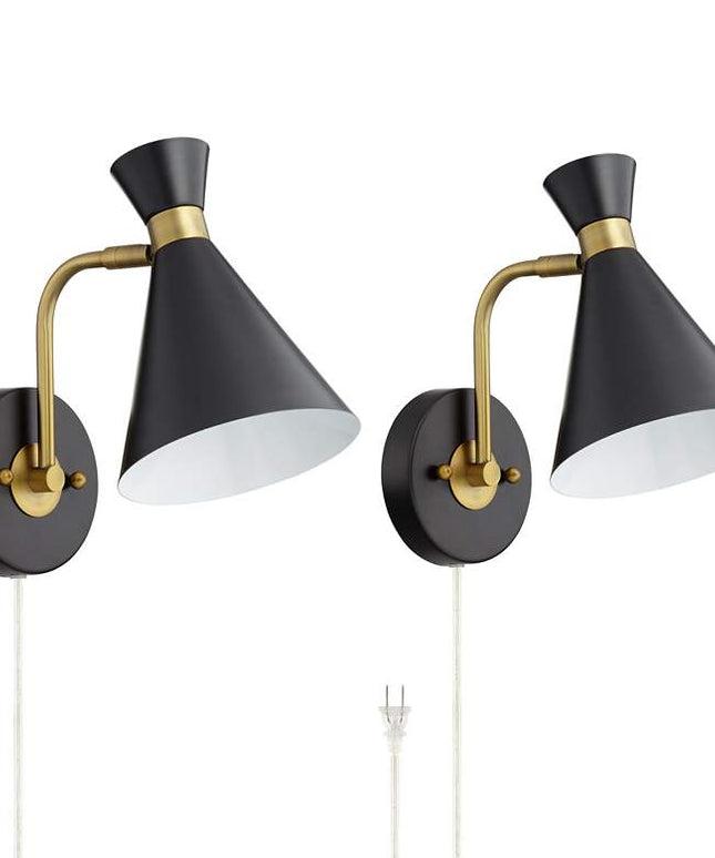 360 Lighting Venice Matte Black Cone Plug-In Wall Lamps Set of 2