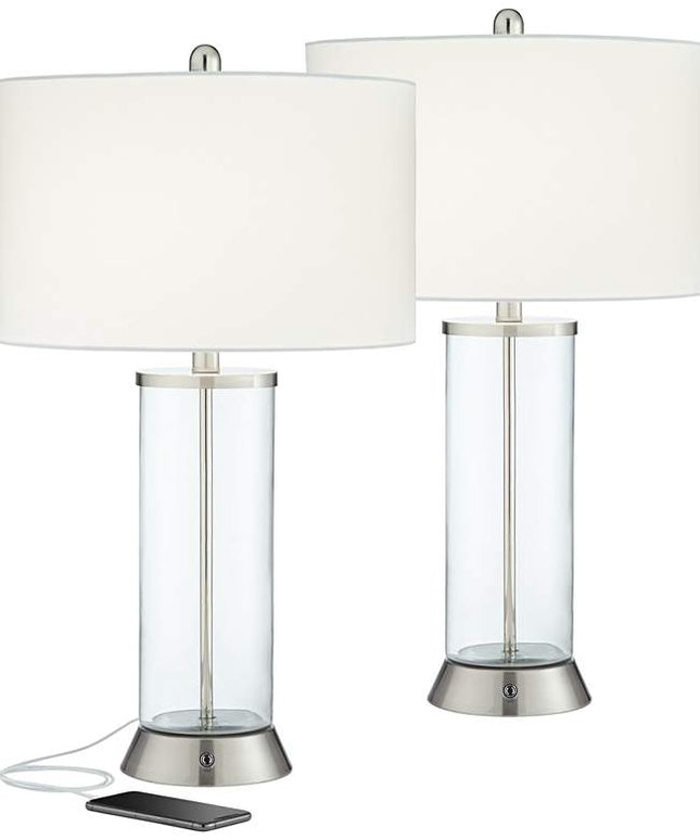 360 Lighting Watkin LED Glass Column USB and Outlet Table Lamps Set of 2