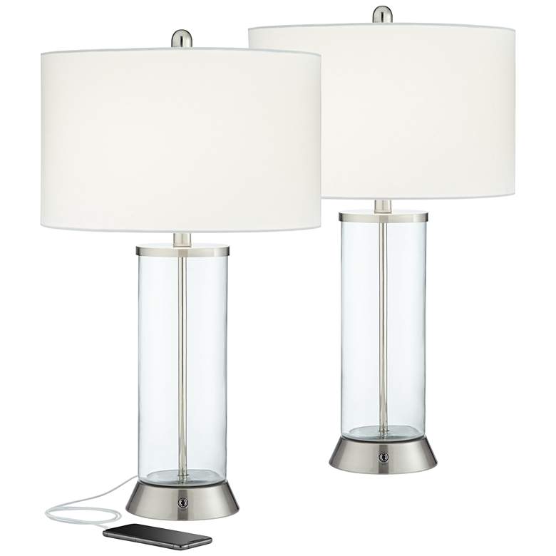 360 Lighting Watkin LED Glass Column USB and Outlet Table Lamps Set of 2
