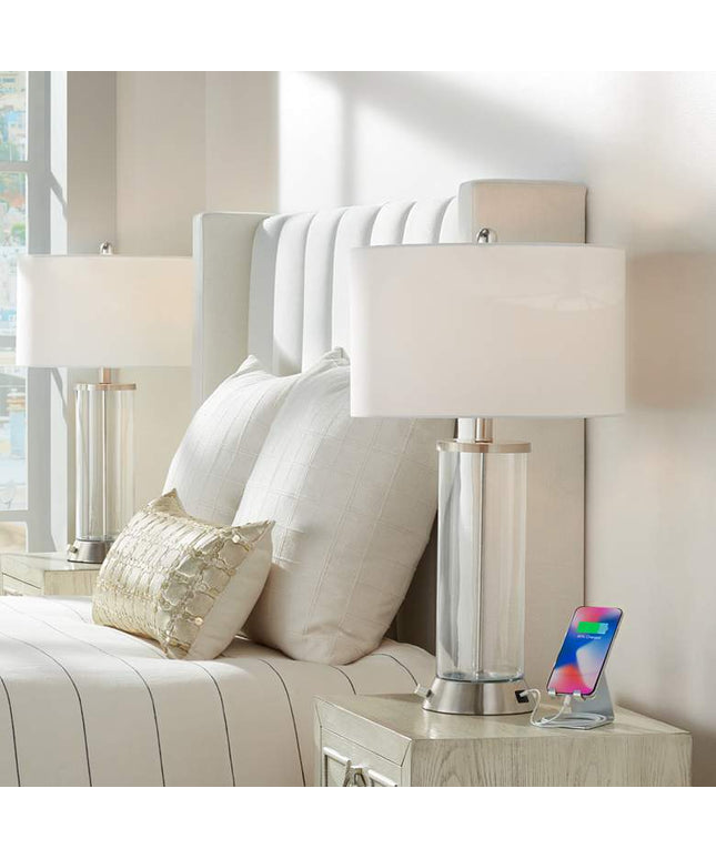360 Lighting Watkin LED Glass Column USB and Outlet Table Lamps Set of 2