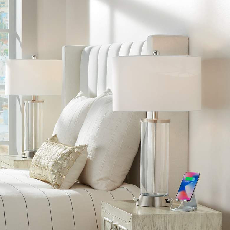 360 Lighting Watkin LED Glass Column USB and Outlet Table Lamps Set of 2