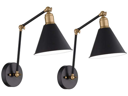 360 Lighting Wray Black and Antique Brass Hardwire Wall Lamps Set of 2