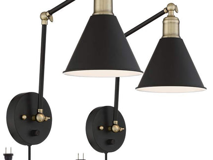360 Lighting Wray Black and Antique Brass Plug-In Wall Lamps Set of 2