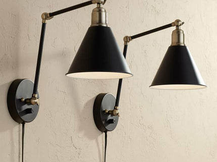 360 Lighting Wray Black and Antique Brass Plug-In Wall Lamps Set of 2