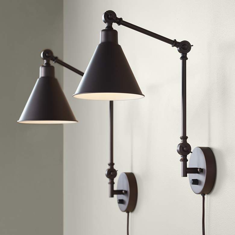 360 Lighting Wray Bronze Metal Adjustable Plug-In Wall Lamps Set of 2