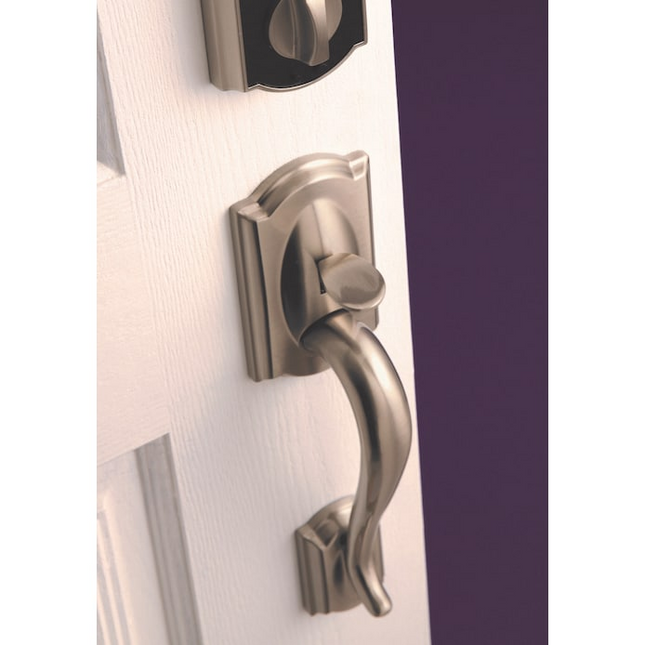 Schlage Camelot Satin Nickel Electronic Keypad Deadbolt and Entry Door Handleset Bundle