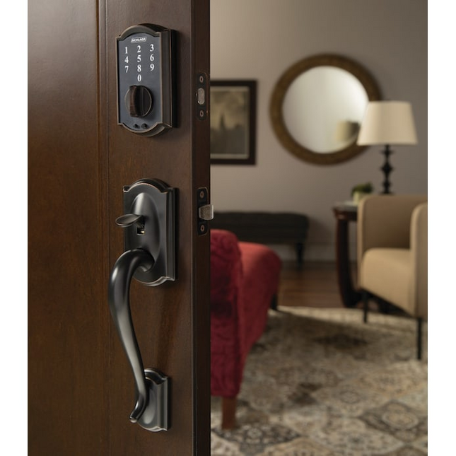 Schlage Camelot Aged Bronze Electronic Keypad Deadbolt and Entry Door Handleset Bundle