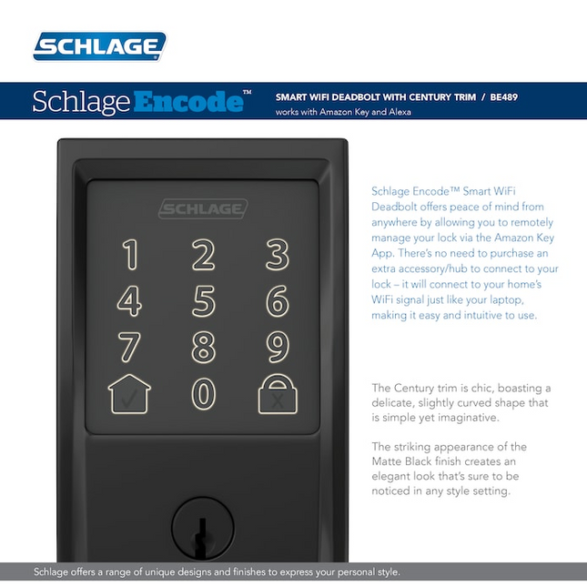 Schlage Encode Century Matte Black Electronic Deadbolt and Plymouth Keyed Entry Door Knob Bundle