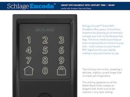Schlage Encode Century Matte Black Electronic Deadbolt and Latitude Lever Bundle
