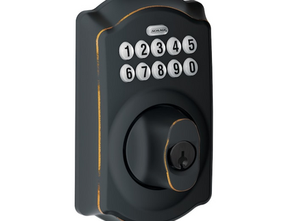 Schlage Camelot Aged Bronze Electronic Keypad Deadbolt and Entry Door Handleset Bundle