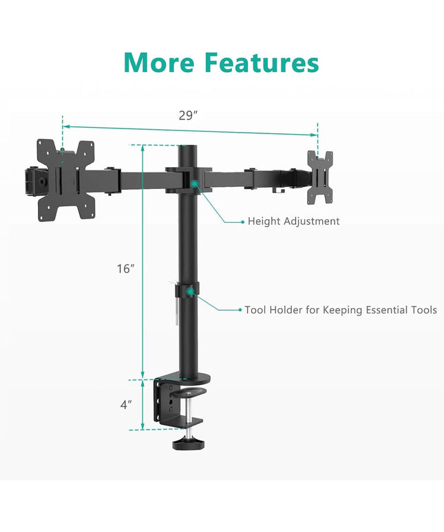 WALI Dual Monitor Stand – Desk Mount for 13–27" Screens, Holds up to 22 lbs per Arm, Height Adjustable, Swivel/Tilt/Rotation, VESA 75x75/100x100 – Black (M002)