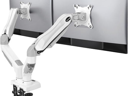 HUANUO Dual Monitor Stand – Adjustable Desk Mount with C-Clamp & Grommet Base, Fits 13–32" Screens, 4.4–19.8 lbs per Arm – White