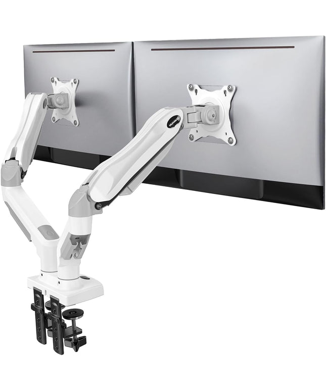 HUANUO Dual Monitor Stand – Adjustable Desk Mount with C-Clamp & Grommet Base, Fits 13–32" Screens, 4.4–19.8 lbs per Arm – White